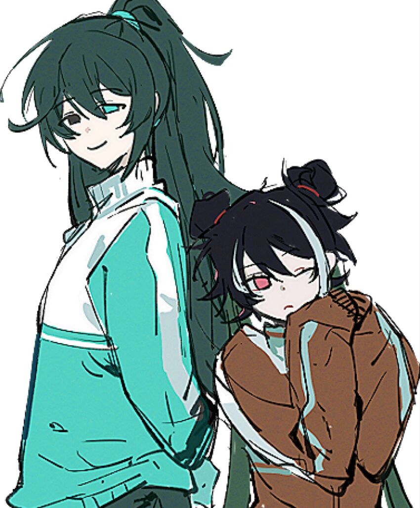 1boy, 1girl, :<, ;<, aqua_track_suit, arms_behind_back, black_hair, double_bun