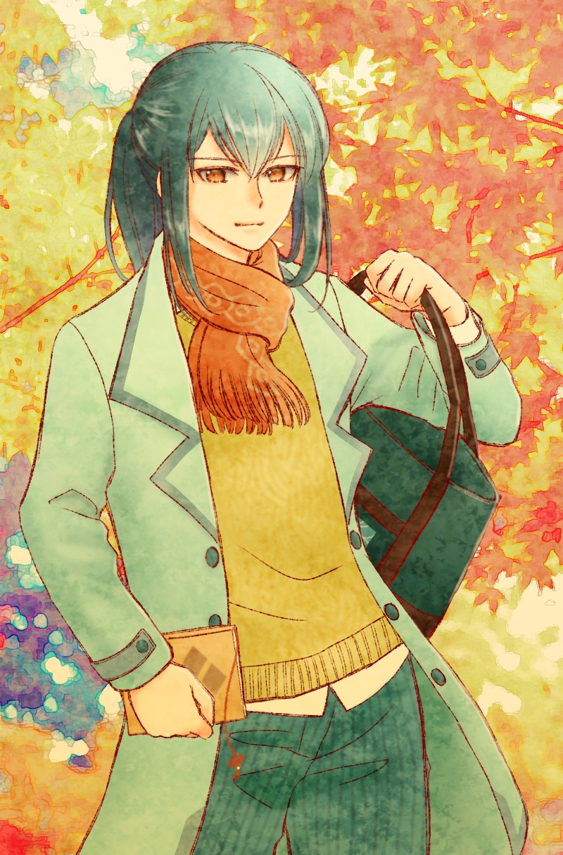 1boy, alternate_costume, autumn, autumn_leaves, azu_rin_go, bag, bishounen, blue_pants