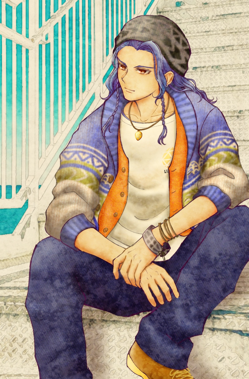 1boy, alternate_costume, azu_rin_go, black_hat, blue_cardigan, blue_hair, blue_pants, blue_sky