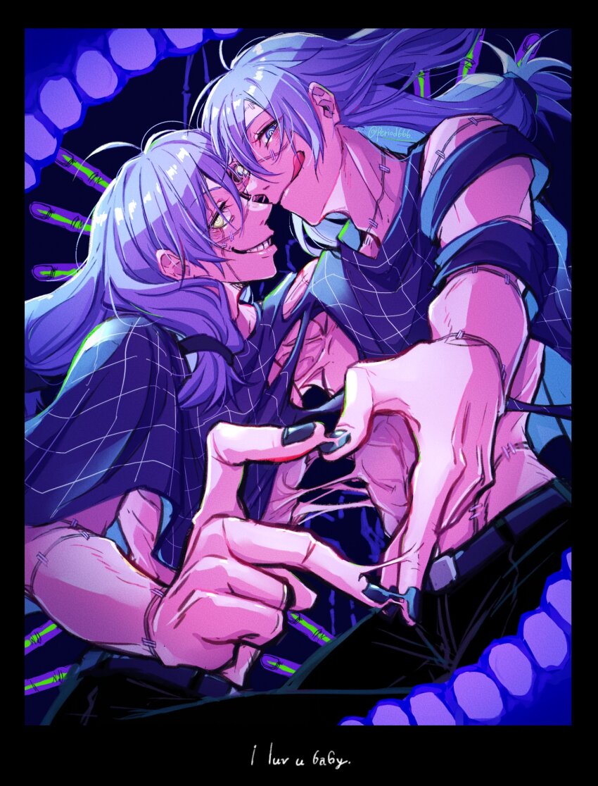 2boys, akasuzu3641, blue_eyes, blue_hair, blue_nails, clone, closed_mouth, cowboy_shot