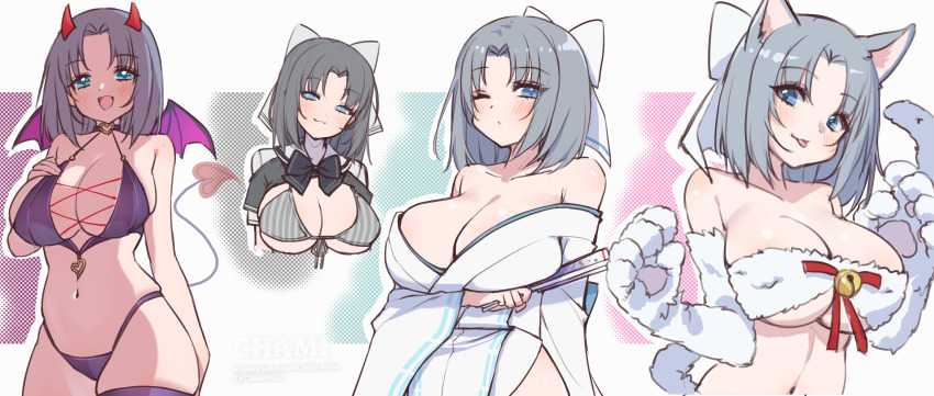 1girl, absurdres, animal_ears, bare_shoulders, bell, bikini, blue_bikini, blue_eyes