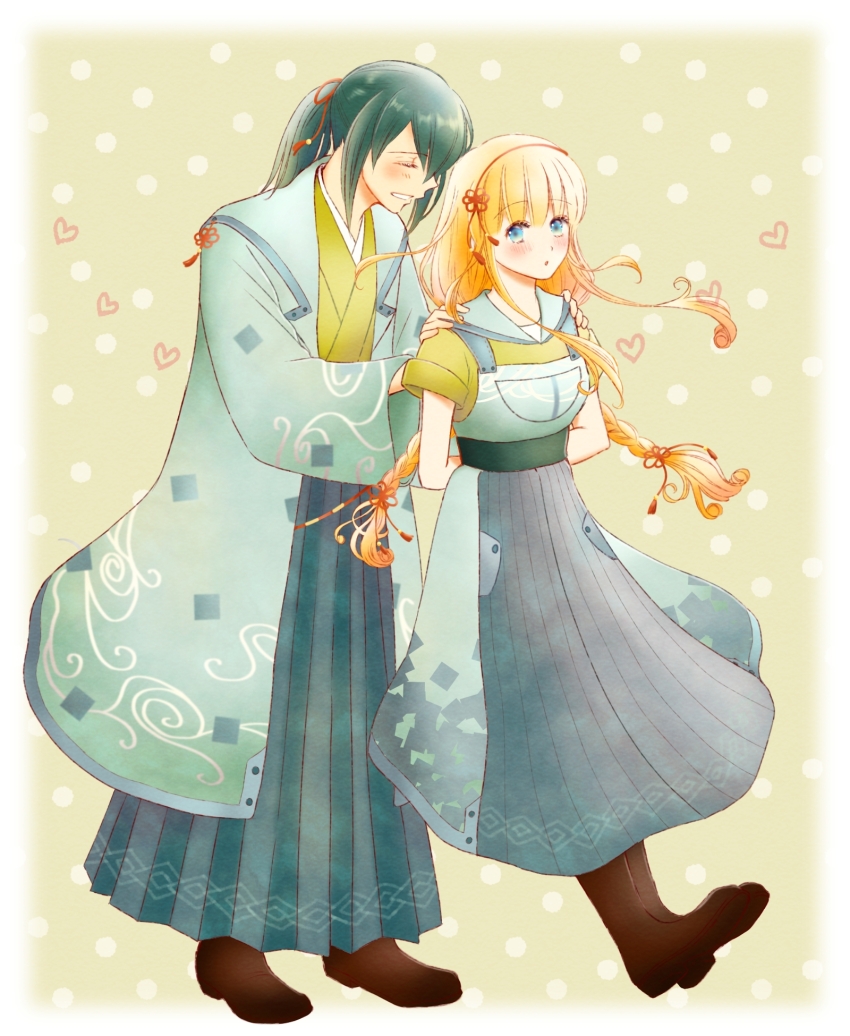 1boy, 1girl, :o, alternate_costume, alternate_hairstyle, azu_rin_go, blonde_hair, blue_eyes