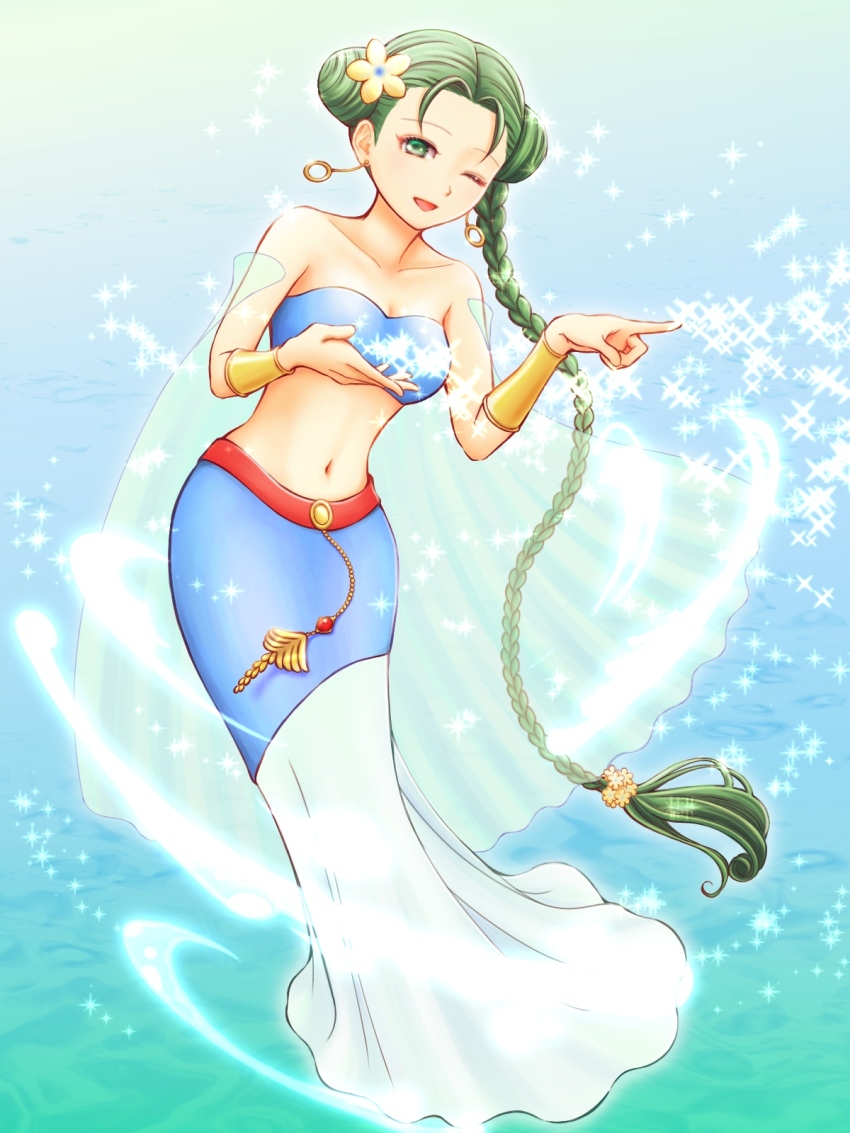 1girl, :d, azu_rin_go, bare_shoulders, blue_background, bokujou_monogatari, bracelet, braid, breasts, cleavage, collarbone, double_bun, earrings, flower, full_body, glowing, gold_bracelet, gold_bracer, gold_earrings, gradient_background, green_background, green_eyes, green_hair, hagoromo, hair_bun, hair_flower, hair_ornament, head_tilt, highres, jewelry, long_hair, long_skirt, looking_at_viewer, megami-sama_(bokujou_monogatari), navel, ocean, one_eye_closed, open_mouth, parted_hair, pointing, shawl, single_braid, skirt, smile, solo, sparkle, stomach, very_long_hair, water, yellow_flower