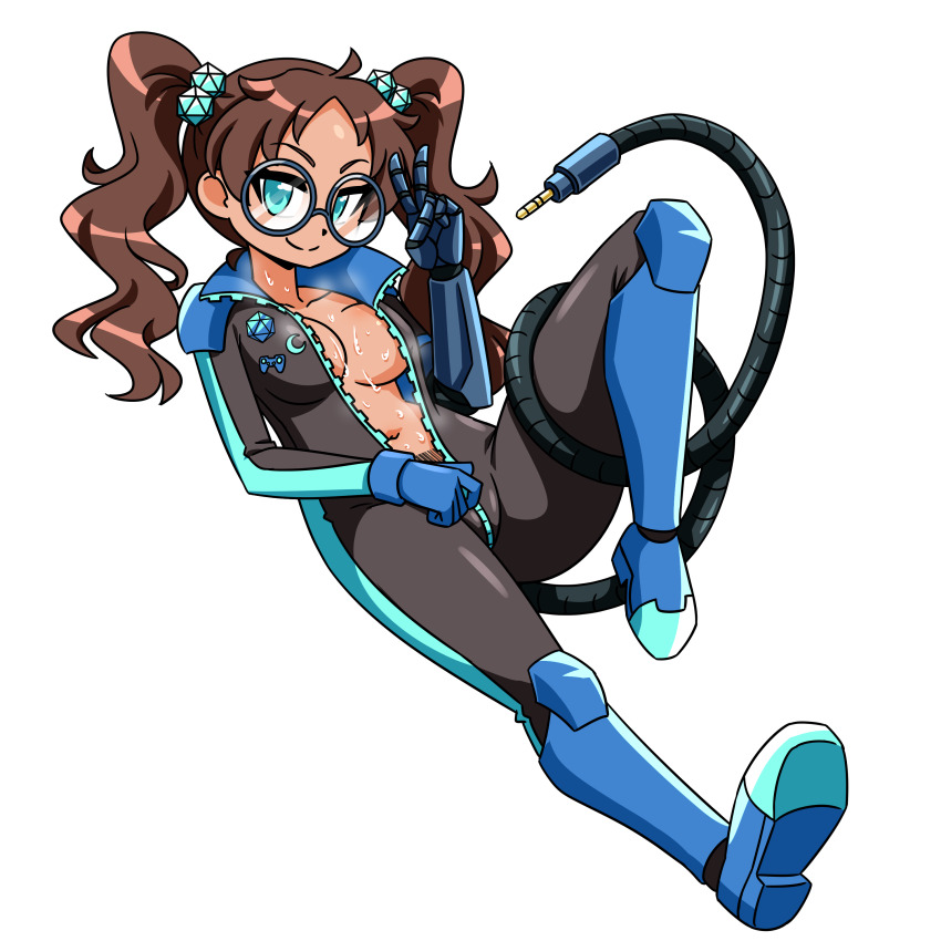 1girl, absurdres, aqua_eyes, audio_jack, barcode, bodysuit, breasts, brown_hair