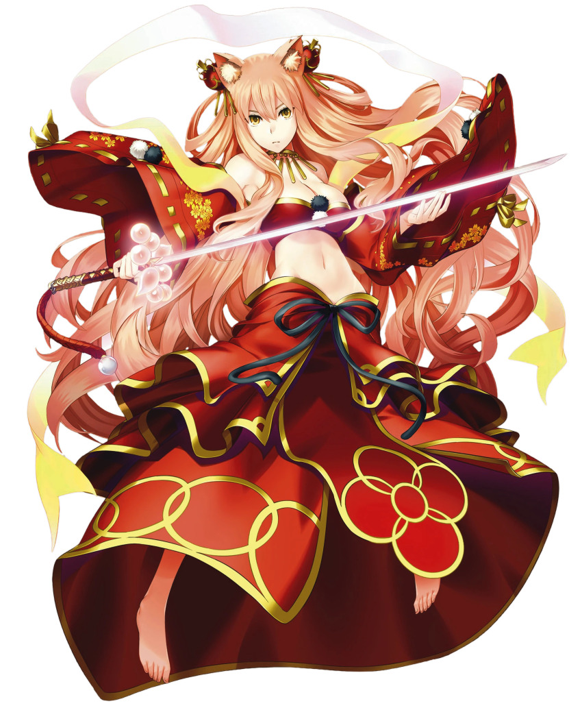 1girl, absurdres, animal_ear_fluff, animal_ears, bandeau, bare_shoulders, breasts, cherry_blossoms, cleavage, closed_mouth, crop_top, detached_sleeves, expressionless, fate/grand_order, fate_(series), feet, feet_out_of_frame, floating_hair, fox_ears, fox_girl, glowing, glowing_sword, glowing_weapon, gold_choker, gold_trim, groin, hagoromo, hair_between_eyes, hair_ornament, hands_up, highres, holding, holding_sword, holding_weapon, japanese_clothes, katana, kenmyouren_(fate), long_hair, long_sidelocks, long_skirt, long_sleeves, looking_at_viewer, navel, official_art, orange_background, orange_eyes, orange_hair, outstretched_arms, petals, pom_pom_(clothes), red_bandeau, red_skirt, red_sleeves, shawl, sidelocks, skirt, solo, source_request, stomach, strapless, suzuka_gozen_(fate), suzuka_gozen_(third_ascension)_(fate), sword, tagme, takenoko_seijin, third-party_source, unsheathed, variant_set, very_long_hair, weapon, wide_sleeves
