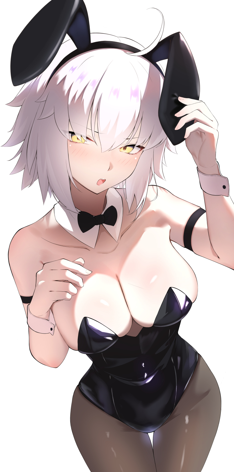 1girl, ahoge, animal_ears, bare_shoulders, black_leotard, blush, bow, bowtie