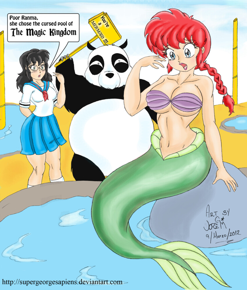 10s, 1boy, 2012, 2girls, animal, ariel_(disney), ariel_(disney)_(cosplay), arm_support, bamboo, bikini, bikini_top_only, black_hair, blue_eyes, blue_skirt, blush, borrowed_character, braid, breasts, cleavage, cloud, collarbone, commission, cosplay, crossover, dated, disney, disneyland, father_and_child, father_and_daughter, genderswap, genderswap_(mtf), glasses, highres, holding, holding_sign, kimbawest, kimbawest_(character), kneehighs, large_breasts, long_hair, looking_at_another, looking_down, march, medium_breasts, mermaid, monster_girl, multiple_girls, navel, neckerchief, onsen, open_mouth, original, panda, parent_and_child, purple_bikini, ranma-chan, ranma_1/2, red_hair, red_lips, red_neckerchief, rock, saotome_genma, saotome_genma_(panda), saotome_ranma, school_uniform, shell, shell_bikini, shirt, short_sleeves, sign, single_braid, sitting, skirt, sky, socks, speech_bubble, standing, star_(symbol), supergeorgesapiens, surprised, swimsuit, the_little_mermaid_(disney), water, white_shirt, white_socks