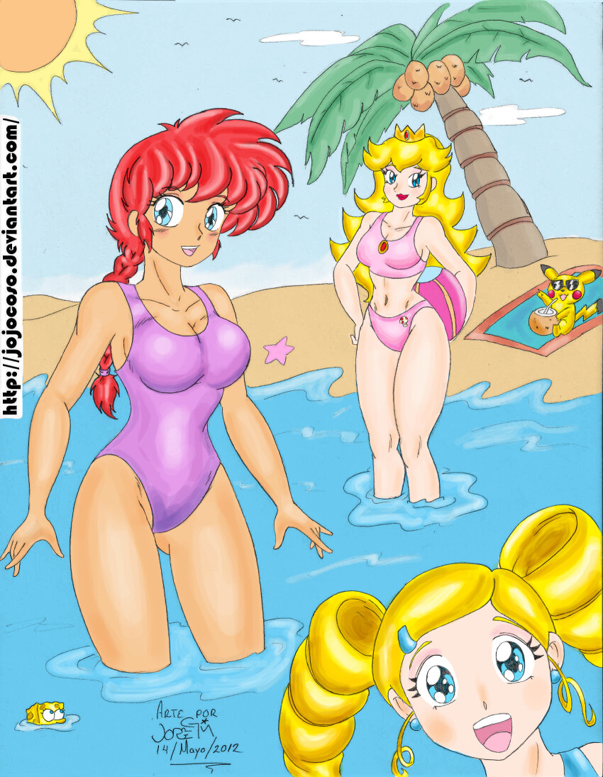 10s, 1boy, 2012, 3girls, animal, ball, beach, beachball, bikini, bird, blonde_hair, blue_eyes, blush, braid, breasts, cartoon_network, character_print, cleavage, cloud, coconut, coconut_tree, collarbone, commission, crossover, crown, dated, drill_hair, drink, drinking_straw, earrings, food_print, gem, gen_1_pokemon, genderswap, genderswap_(mtf), goutokuji_miyako, hair_ornament, hairclip, hand_on_own_hip, highres, holding, holding_ball, holding_beachball, jewelry, kimbawest, large_breasts, long_hair, looking_at_viewer, looking_up, mario_(series), mouse_(animal), multiple_girls, mushroom_print, navel, nickelodeon, nintendo, ocean, one-piece_swimsuit, open_mouth, palm_tree, pikachu, pink_bikini, pokemon, pokemon_(creature), powerpuff_girls, powerpuff_girls_z, princess, princess_peach, print_bikini, purple_one-piece_swimsuit, ranma-chan, ranma_1/2, red_gem, red_hair, red_lips, sand, saotome_ranma, seagull, single_braid, sky, smile, sponge, spongebob_squarepants, spongebob_squarepants_(series), star_(symbol), starfish, sun, sunglasses, supergeorgesapiens, swimsuit, teeth, toad_(mario), tree, tropical_drink, twin_drills, twintails, water