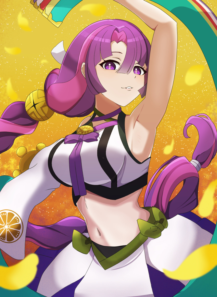 1girl, arm_up, armpit_focus, armpits, braid, crop_top, dancing, duel_monster