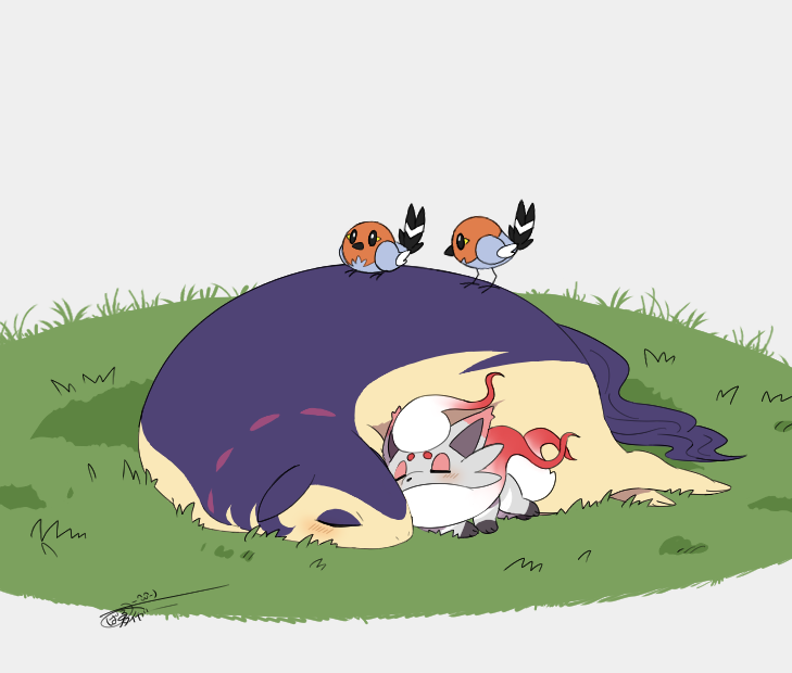 4others, blush_stickers, closed_eyes, fletchling, gen_6_pokemon, grass, hisuian_typhlosion, hisuian_zorua, lying, multiple_others, nintendo, no_humans, on_ground, on_stomach, pokemon, pokemon_(creature), signature, sleeping, sleeping_on_pokemon, sleeping_together, tiger_subaru, white_background
