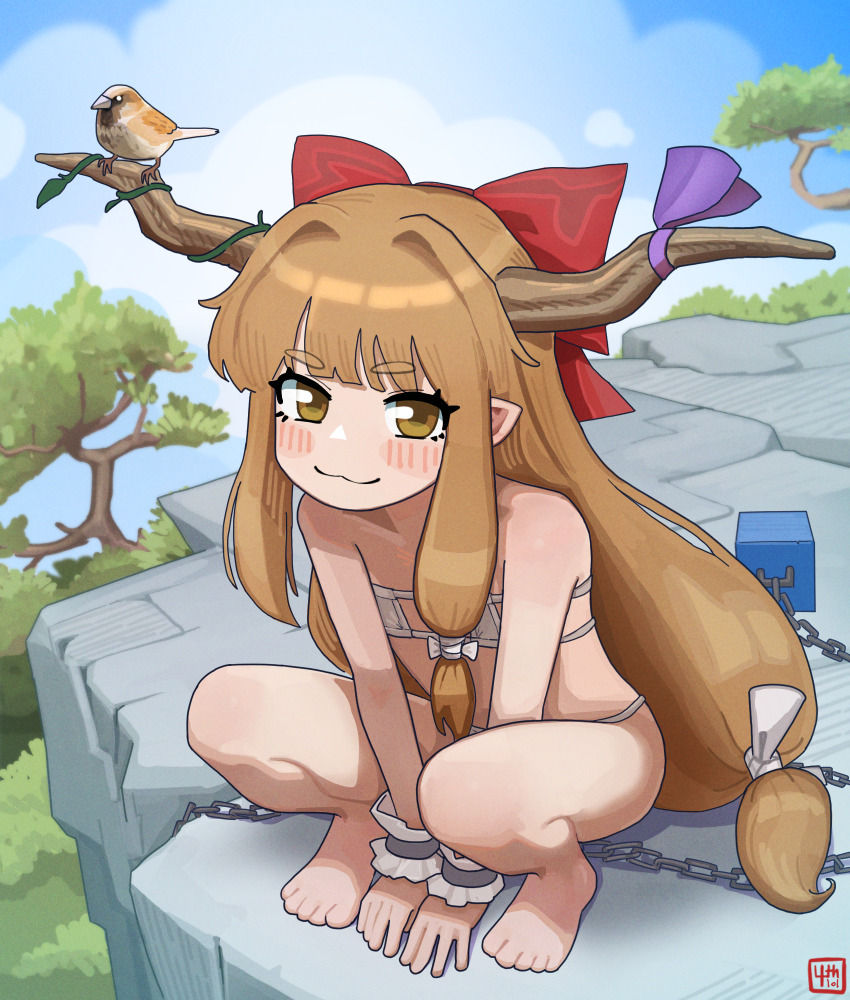 1girl, 4th_lol, :3, barefoot, bikini, bird, bird_on_horn, blush, chain, cliff, flat_chest, highres, horns, ibuki_suika, long_hair, micro_bikini, oni, solo, squatting, swimsuit, touhou, tree