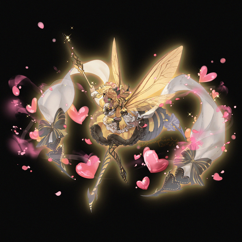 1girl, :d, arthropod_girl, arthropod_tail, bee_girl, bee_tail, bee_wings, black_background, black_bow, black_bowtie, blonde_hair, boots, bow, bowtie, chunjiebaiguojiang, final_fantasy, final_fantasy_xiv, flower, frilled_skirt, frills, full_body, green_eyes, hair_bow, hair_flower, hair_ornament, heart, heterochromia, high_heels, highres, holding, honey_b._lovely, insect_girl, insect_wings, medium_hair, multicolored_hair, open_mouth, outstretched_arms, signature, simple_background, skirt, smile, solo, sparkle, spread_arms, stiletto_heels, stinger, striped_bow, tail, tail_bow, tail_ornament, thigh_boots, two-tone_hair, wings, yellow_boots, yellow_eyes, yellow_skirt
