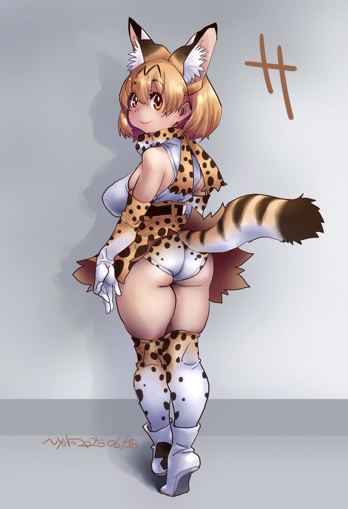 1girl, animal_ears, animal_print, ass, blonde_hair, breasts, buruma, commentary_request