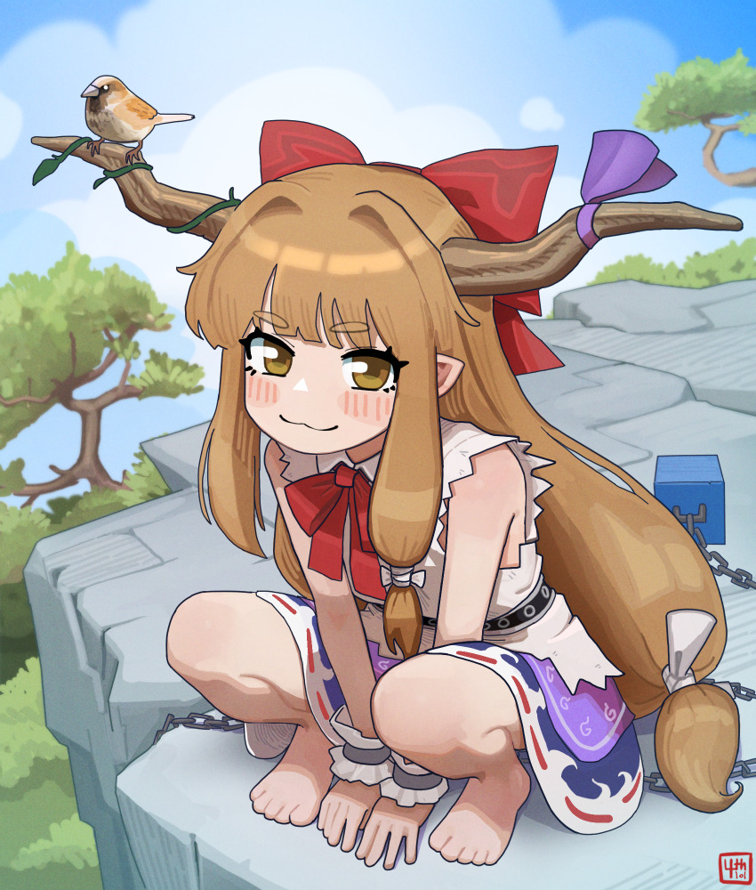 1girl, 4th_lol, :3, barefoot, bird, bird_on_horn, blush, chain, cliff, highres, horns, ibuki_suika, long_hair, oni, solo, squatting, touhou, tree