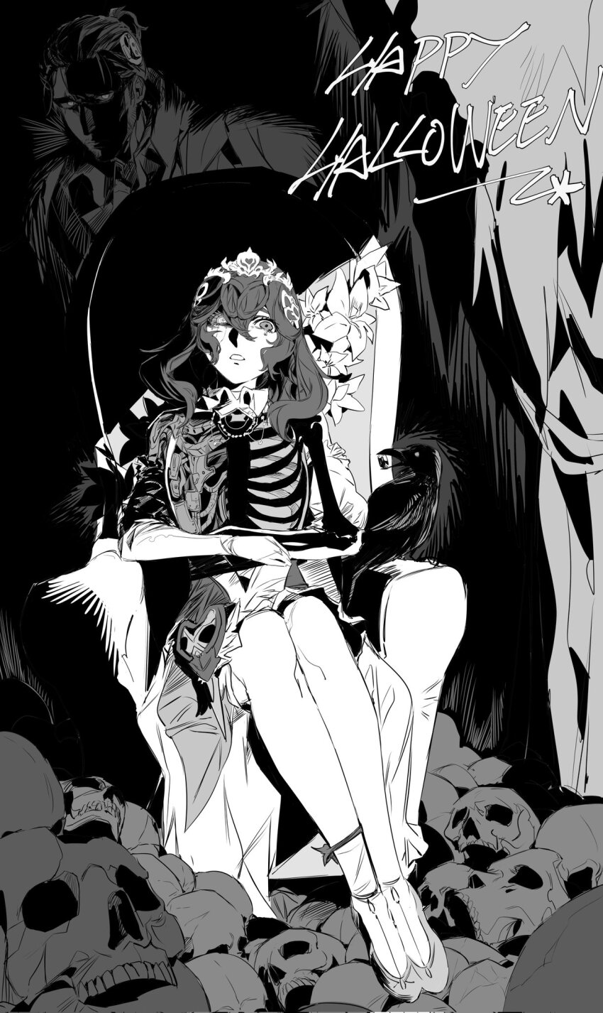 1boy, 1girl, adventurer_(ff14), android, bird, bridal_gauntlets, crossed_arms, crow, crying, crying_with_eyes_open, dress, english_text, final_fantasy, final_fantasy_xiv, flower, gem, greyscale, happy_halloween, heterochromia, highres, hyur, looking_at_viewer, medium_hair, monochrome, on_throne, pile_of_skulls, ponytail, ribs, scar, scar_across_eye, scar_on_face, shadowed, short_hair, sitting, skull, sphene_(ff14), tears, throne, tiara, toastskii, warrior_of_light_(ff14)