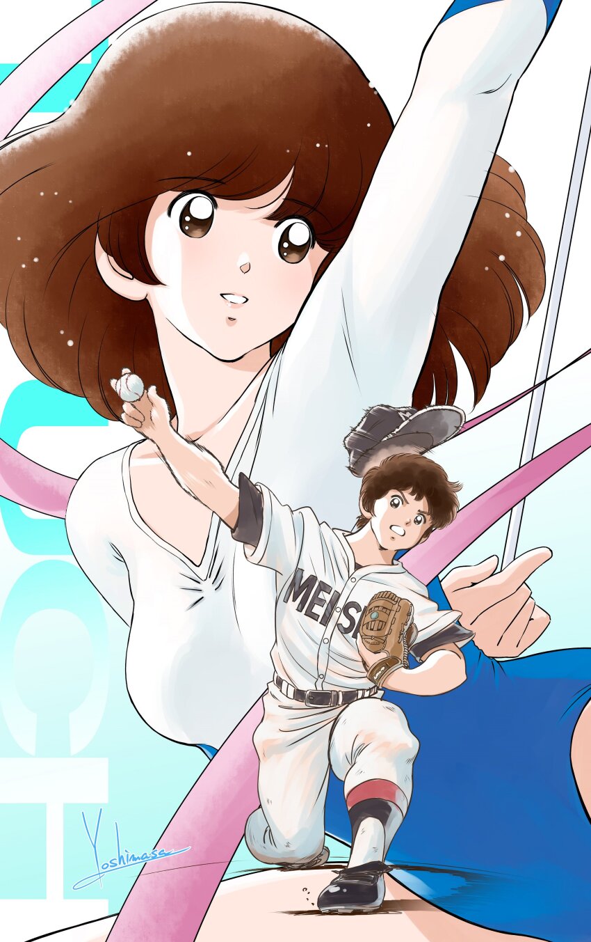 1boy, 1girl, absurdres, arm_behind_back, arm_up, artist_name, asakura_minami, athletic_leotard