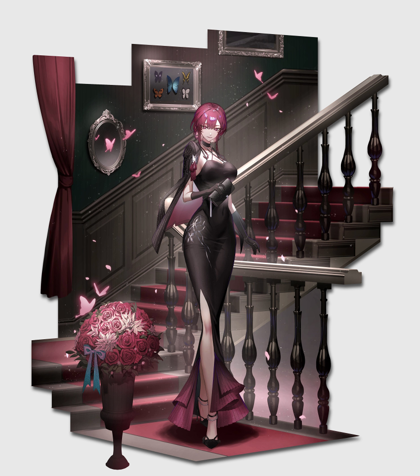 1girl, absurdres, alternate_costume, bag, black_bag, black_choker, black_dress, black_gloves