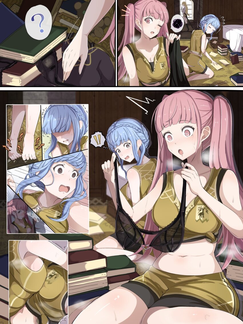 3girls, ass, asymmetrical_docking, black_bra, black_shorts, blonde_hair, blue_hair, blush