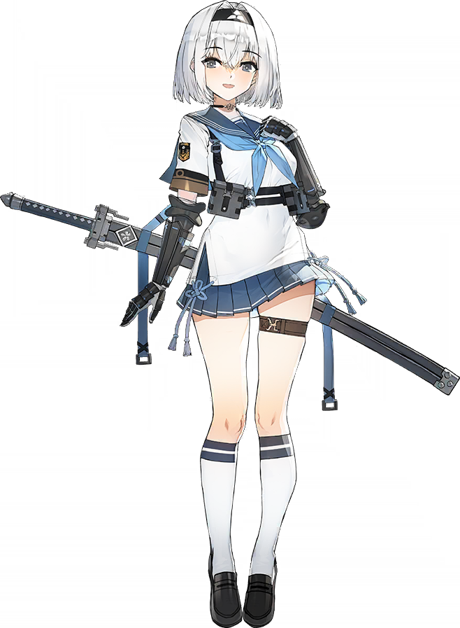 1girl, a6m_zero_(ash_arms), ash_arms, blue_skirt, grey_eyes, katana, official_art, sailor_collar