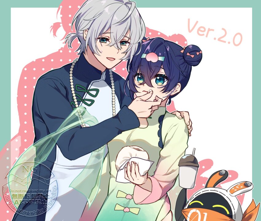 1boy, 1girl, bangboo_(zenless_zone_zero), belle_(zenless_zone_zero), blue_eyes, brother_and_sister, chinese_clothes, double_bun