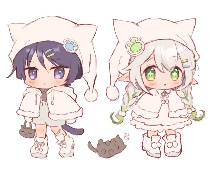 1boy, 1girl, :<, alternate_costume, alternate_hairstyle, animal_ear_headwear, animal_ears, arms_at_sides