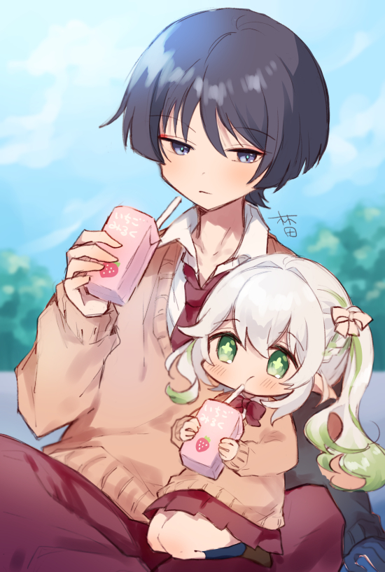 1boy, 1girl, alternate_costume, aqua_pupils, black_hair, black_socks, blue_sky, blunt_ends, blurry, blurry_background, blush, bow, braid, brown_shoes, brown_sleeves, brown_sweater, cheek_bulge, choppy_bangs, cloud, cloudy_sky, collared_shirt, colored_tips, contemporary, cross-shaped_pupils, crossed_legs, drinking, drinking_straw, eyeliner, eyeshadow, food_print, fruit_print, genshin_impact, green_eyes, green_hair, green_pupils, grey_eyes, hair_bow, hair_intakes, half_up_braid, hand_up, hayashidadesu, holding_carton, juice_carton, kneehighs, long_hair, long_sleeves, looking_at_viewer, looking_past_viewer, makeup, multicolored_hair, nahida_(genshin_impact), necktie, outdoors, pants, pleated_skirt, pointy_ears, red_bow, red_eyeliner, red_eyeshadow, red_necktie, red_pants, red_skirt, scaramouche_(genshin_impact), school_uniform, seiza, shirt, shoes, side_ponytail, sidelocks, sitting, size_difference, skirt, sky, socks, strawberry_print, streaked_hair, sweater, symbol-shaped_pupils, tareme, tree, tsurime, white_bow, white_hair, white_shirt