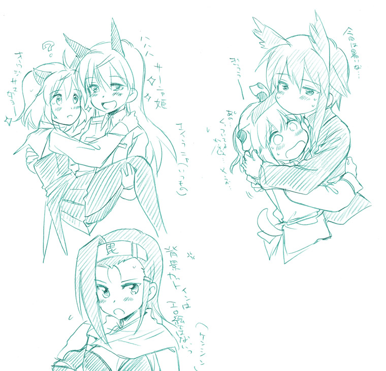 10s, 5girls, animal_ears, blush, carrying, couple, dominica_s._gentile, eila_ilmatar_juutilainen, head_wings, hug, jane_t._godfrey, monochrome, multiple_girls, pantyhose, princess_carry, sanpachishiki_(gyokusai-jima), sanya_v._litvyak, sengoku_otome, sketch, strike_witches, strike_witches:_kurenai_no_majo-tachi, tail, translation_request, uesugi_kenshin_(sengoku_otome), uniform, wings, world_witches_series, yuri