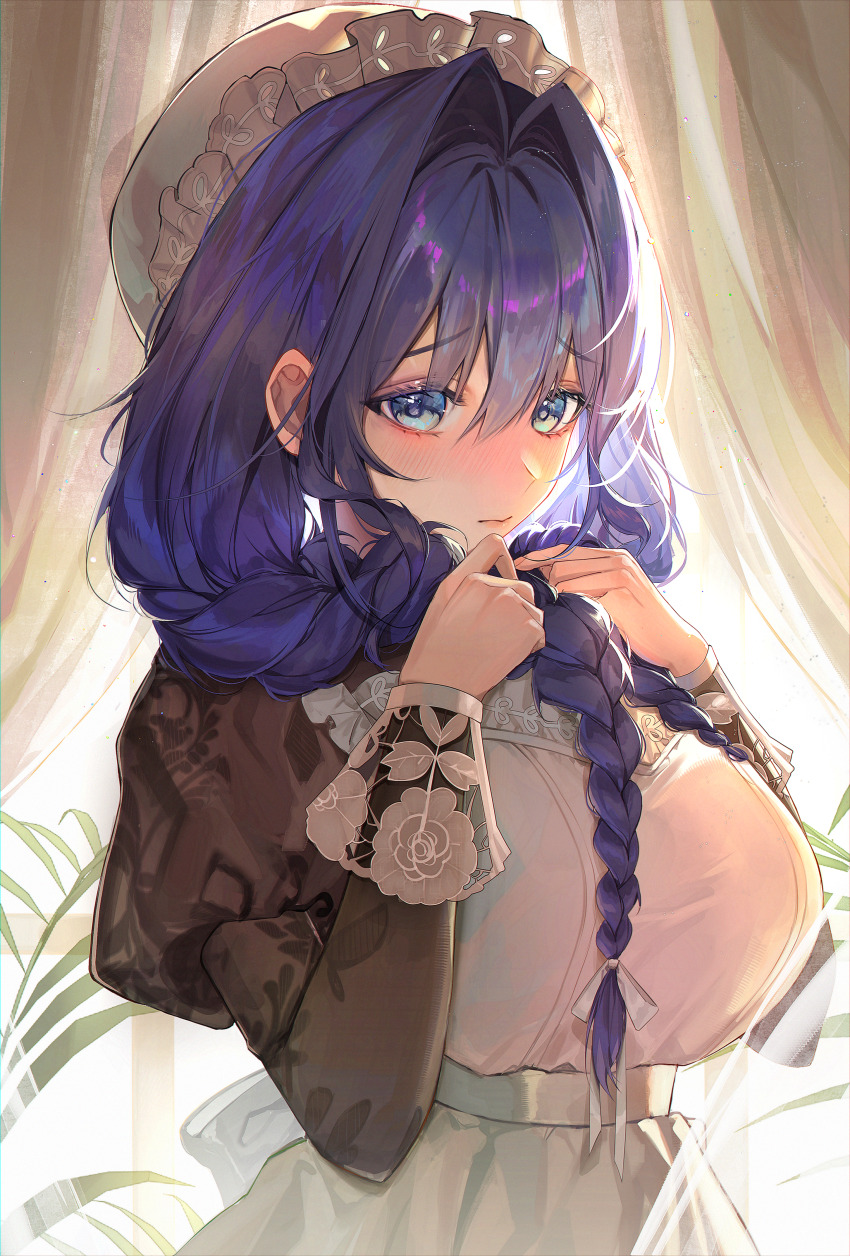 1girl, absurdres, apron, black_dress, blue_hair, blush, braid, breasts, closed_mouth, curtains, damoong, dress, embroidery, frilled_apron, frilled_hat, frills, hair_between_eyes, hair_intakes, hair_over_shoulder, hat, highres, holding, holding_own_hair, hololive, hololive_english, juliet_sleeves, large_breasts, long_hair, long_sleeves, looking_at_viewer, low_twin_braids, maid, maid_apron, mob_cap, official_alternate_costume, official_alternate_hairstyle, ouro_kronii, ouro_kronii_(maid), puffy_sleeves, solo, twin_braids, upper_body, victorian_maid, virtual_youtuber, white_apron, white_hat