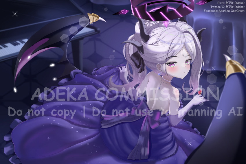 1girl, adeka, black_halo, black_horns, blue_archive, demon_girl, demon_horns, demon_wings