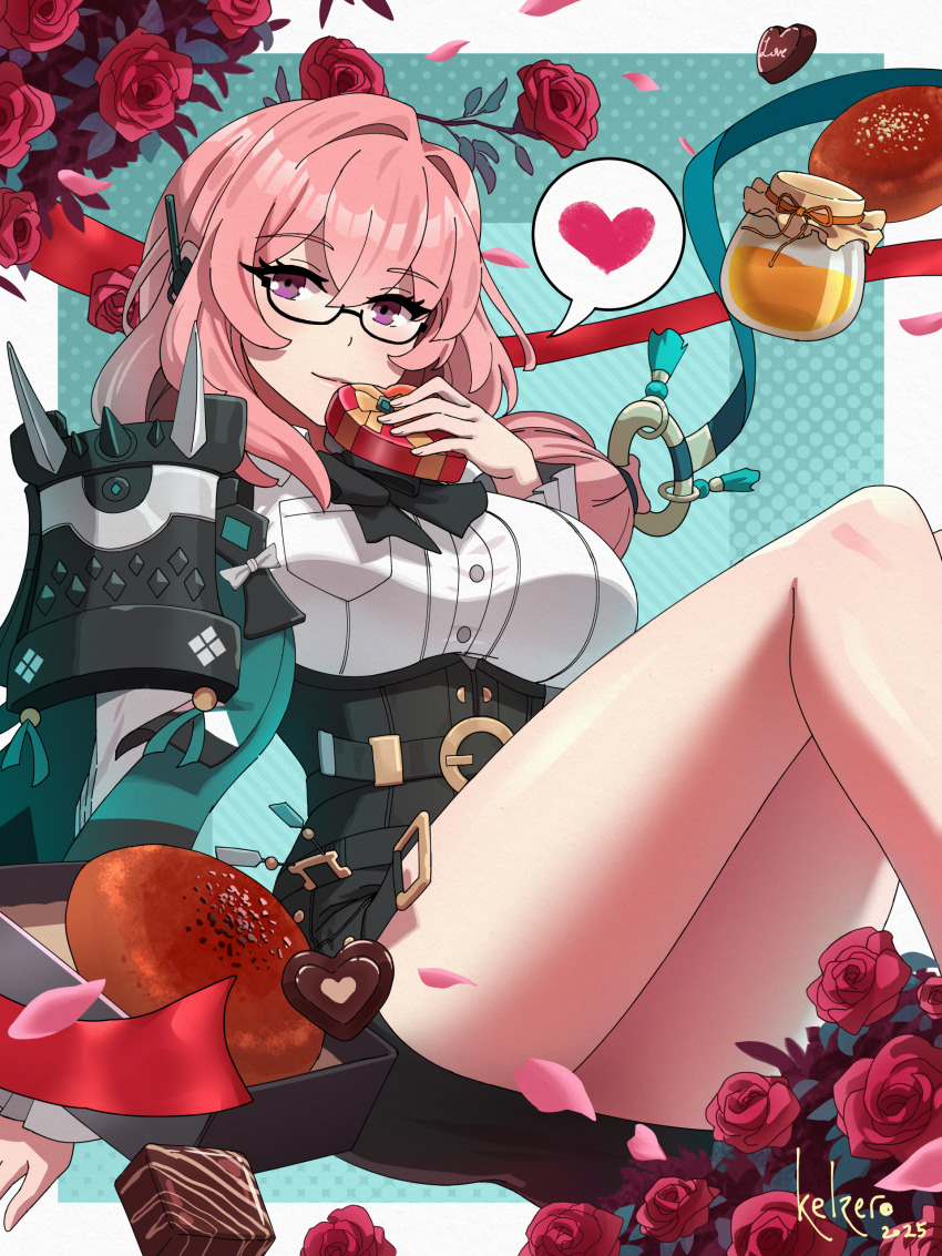 1girl, absurdres, armor, black_skirt, box, breasts, chocolate, flower