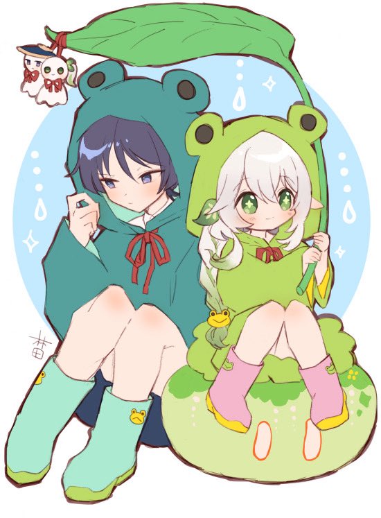 1boy, 1girl, alternate_costume, alternate_hairstyle, animal_hood, animal_print, aqua_boots, black_hair