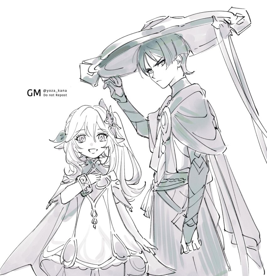 1boy, 1girl, arm_at_side, armor, belt, blunt_ends, bracelet, braid