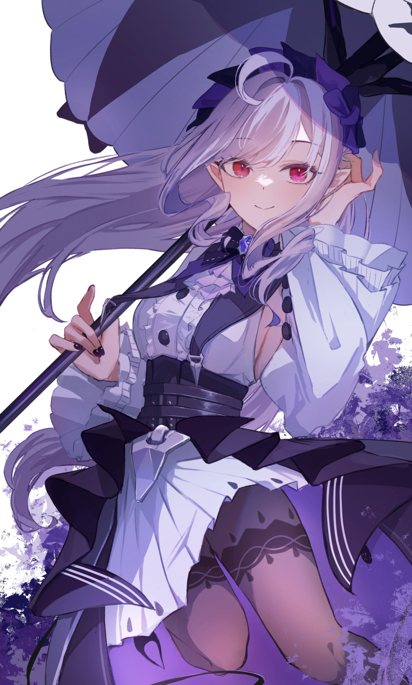 1girl, absurdres, asahinakoru, breasts, closed_mouth, hairband, hand_in_own_hair, high-waist_skirt, highres, holding, holding_umbrella, lolita_hairband, looking_at_viewer, pantyhose, pointy_ears, purple_hair, purple_hairband, purple_pantyhose, purple_skirt, purple_umbrella, red_eyes, shirt, sideboob, skirt, smile, solo, umbrella, vivian_banshee, white_shirt, white_skirt, zenless_zone_zero