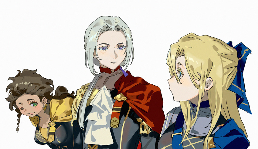 1boy, 2girls, alternate_universe, bent_over, blonde_hair, blue_capelet, blue_eyes, bow, brown_hair, capelet, chinese_commentary, claude_von_riegan, closed_mouth, collarbone, curly_hair, dark-skinned_female, dark_skin, dimitri_alexandre_blaiddyd, edelgard_von_hresvelg, fire_emblem, fire_emblem:_three_houses, from_side, garreg_mach_monastery_uniform, genderswap, genderswap_(ftm), genderswap_(mtf), green_eyes, hair_between_eyes, hair_bow, hair_over_shoulder, hair_slicked_back, icefefe, leaning_forward, long_sleeves, looking_at_another, looking_to_the_side, low_ponytail, military_uniform, multiple_girls, nintendo, one_eye_closed, open_mouth, parted_bangs, ponytail, purple_eyes, red_capelet, shade, simple_background, single_sidelock, standing, upper_body, white_background, white_hair, yellow_capelet