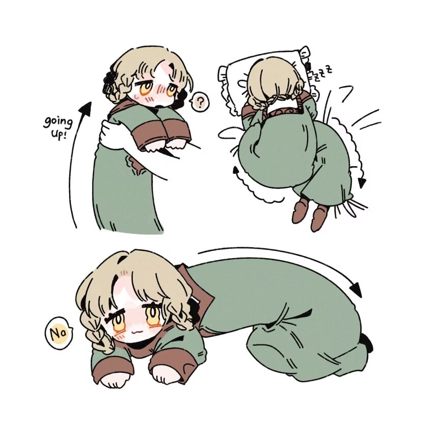 blonde_hair, braid, braided_hair_rings, brown_shoes, dress, elden_ring, green_dress, hair_rings, highres, holding, long_body, melo_(_suzume_o_), reptile_girl, rya_(elden_ring), shoes, sleeping, snake_girl, yellow_eyes