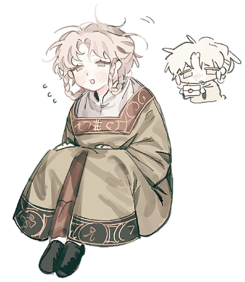 1girl, akechisu1, blonde_hair, braid, braided_hair_rings, chibi, dress, elden_ring, green_dress, hair_rings, highres, letter, messy_hair, rya_(elden_ring), yellow_eyes