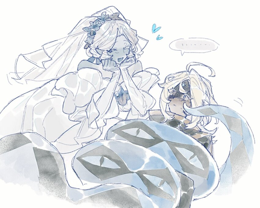 1boy, 1girl, blonde_hair, blue_skin, blush, colored_skin, cookie_run, dress