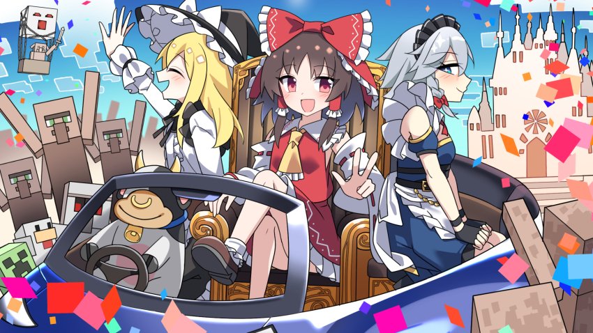 3girls, :d, a_minecraft_movie, adapted_costume, apron, ascot, bare_shoulders, black_gloves