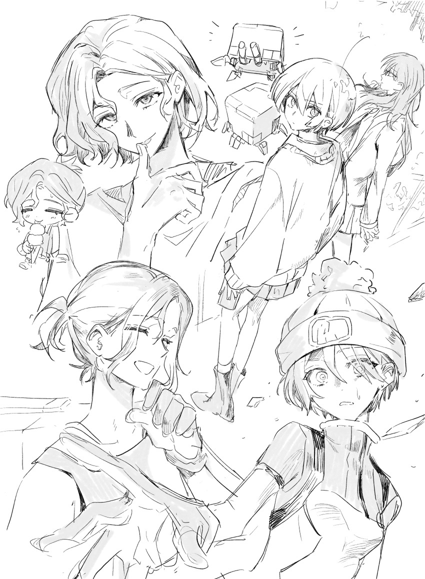 1boy, 2girls, absurdres, amate_yuzuriha, beanie, chibi, chibi_inset, closed_eyes