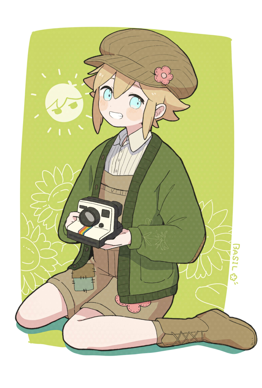 1boy, :d, absurdres, ankle_boots, ankle_socks, basil_(birthday)_(omori), basil_(faraway)_(omori), basil_(omori)