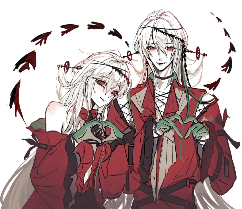 1boy, 1girl, aaa_shenmi_zuo_fan_ren, arknights, ascot, bare_shoulders, belt, black_ascot