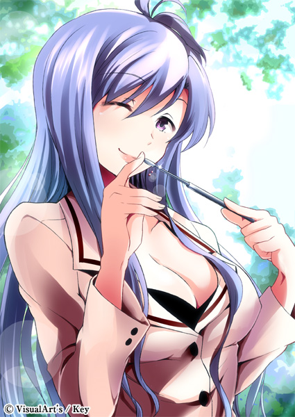 10s, 1girl, black_bra, blazer, blue_hair, bra, breasts, cleavage, female_focus, jacket, large_breasts, long_hair, nishikujou_touka, one_eye_closed, pointer, rewrite, sakayama_shinta, smile, solo, teacher, underwear, wink