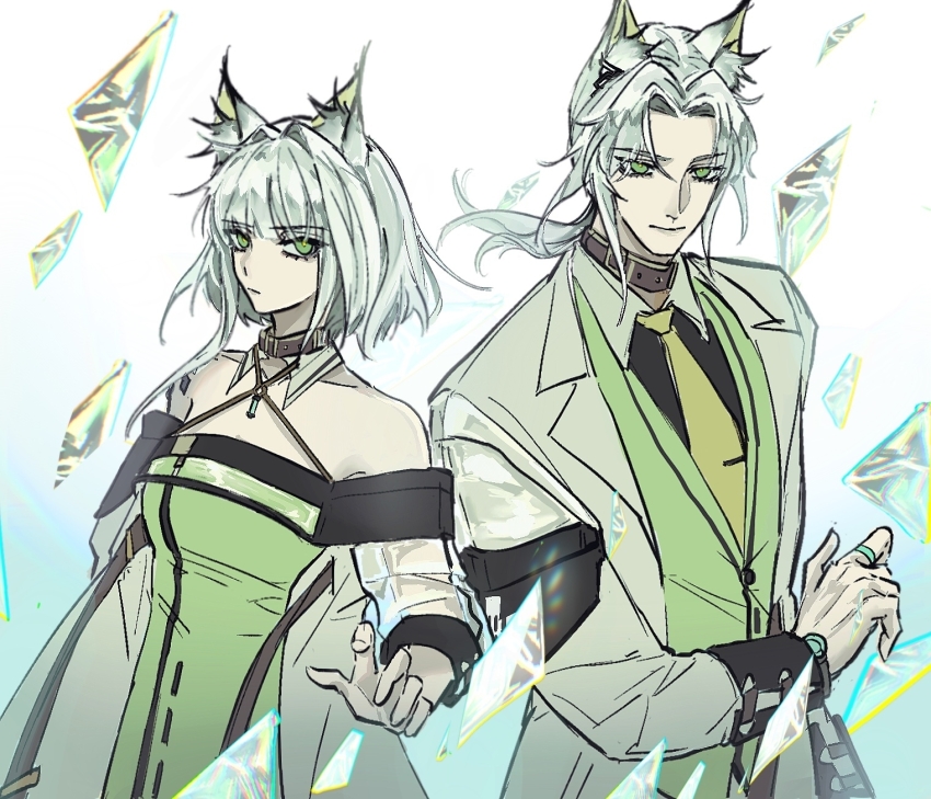 1boy, 1girl, aaa_shenmi_zuo_fan_ren, animal_ears, aqua_background, arknights, armband, bare_shoulders