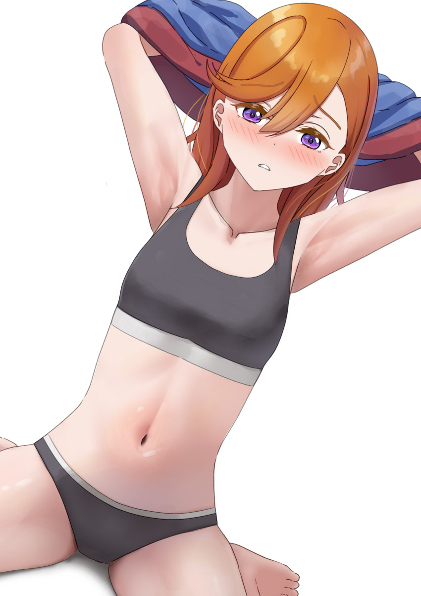 1girl, armpits, arms_behind_head, black_panties, black_sports_bra, blue_shirt, blush, commentary_request, embarrassed, highres, long_hair, looking_at_viewer, love_live!, love_live!_superstar!!, navel, orange_hair, panties, purple_eyes, shibuya_kanon, shirasaki_(ebb_ss), shirt, sitting, sports_bra, swept_bangs, underwear, undressing, wariza, white_background