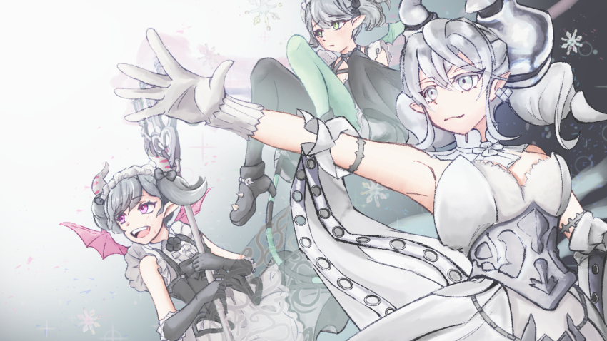 3girls, apron, arianna_the_labrynth_servant, ariane_the_labrynth_servant, arm_up, armlet, armpits, asymmetrical_legwear