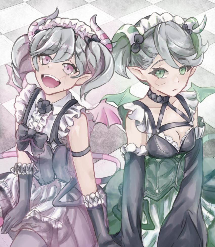 2girls, apron, arianna_the_labrynth_servant, black_corset, black_gloves, breasts, checkered_floor, cleavage