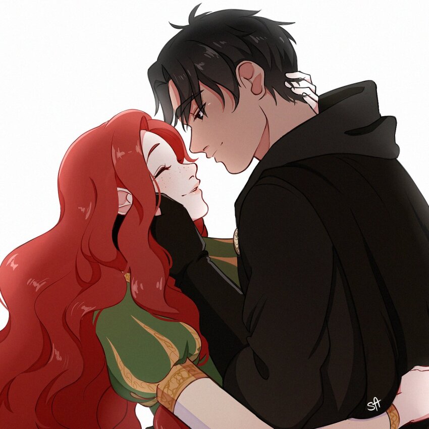 1boy, 1girl, ^_^, black_cape, black_gloves, black_hair, cape, closed_eyes