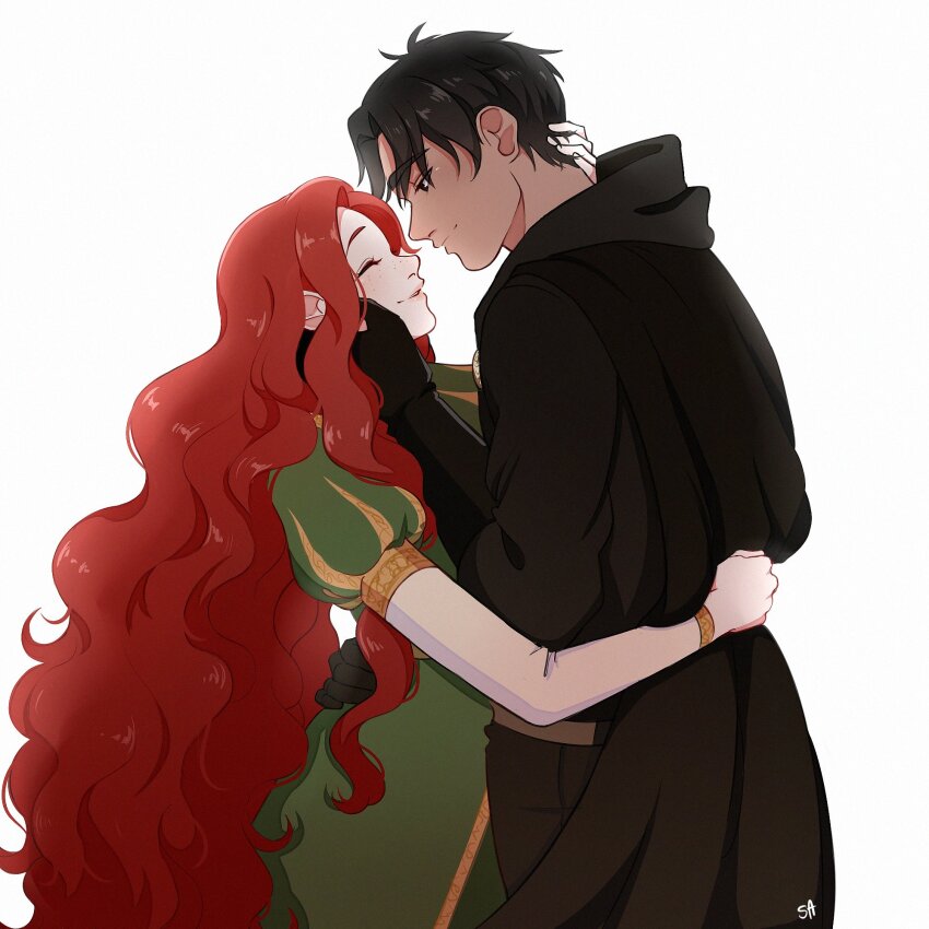 1boy, 1girl, ^_^, black_cape, black_gloves, black_hair, cape, closed_eyes