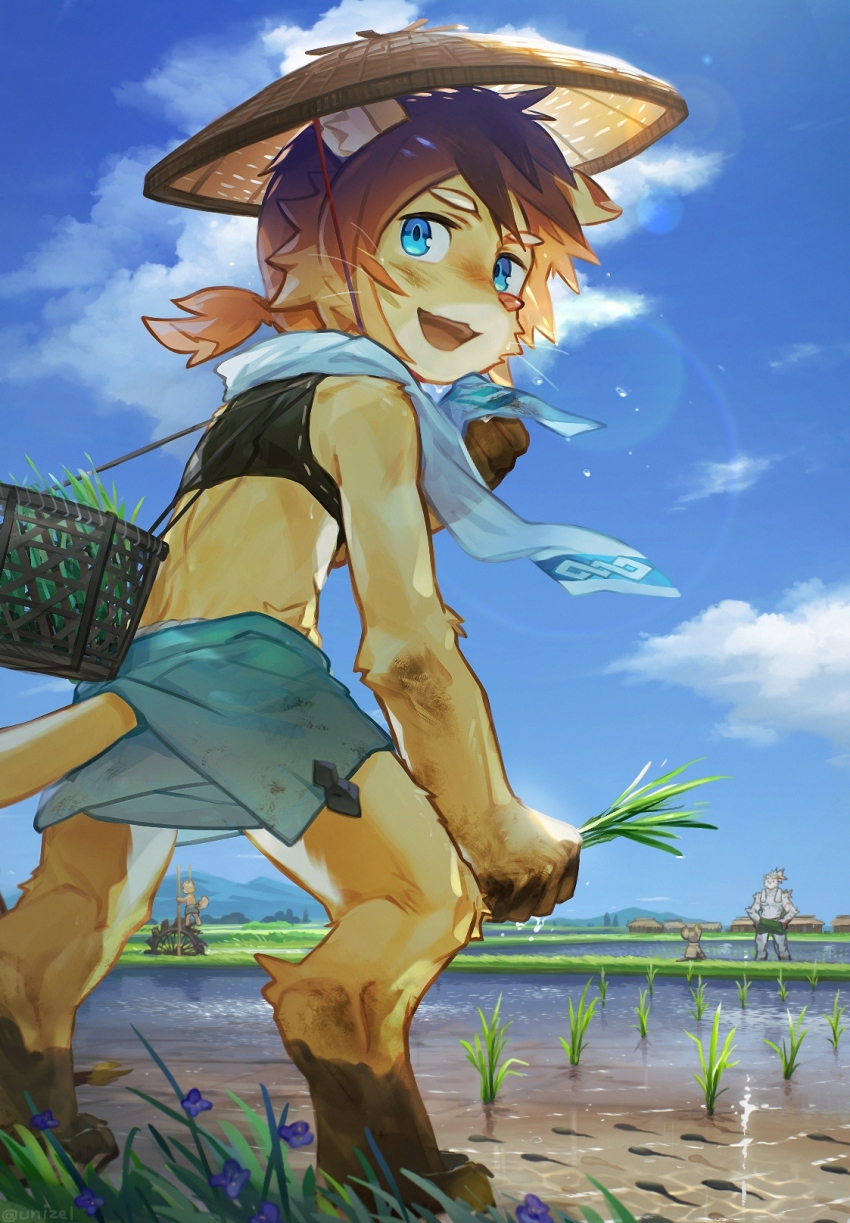 4boys, animal_ears, barefoot, black_shirt, blue_eyes, blue_sky, cloud, conical_hat