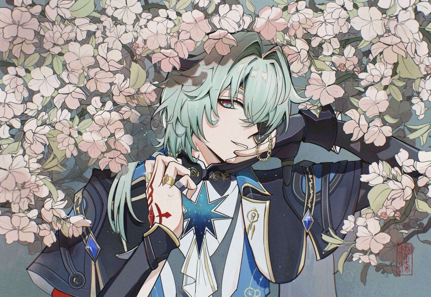 1boy, absurdres, anaxa_(honkai:_star_rail), aqua_hair, black_jacket, blue_eyes, eyepatch, grin